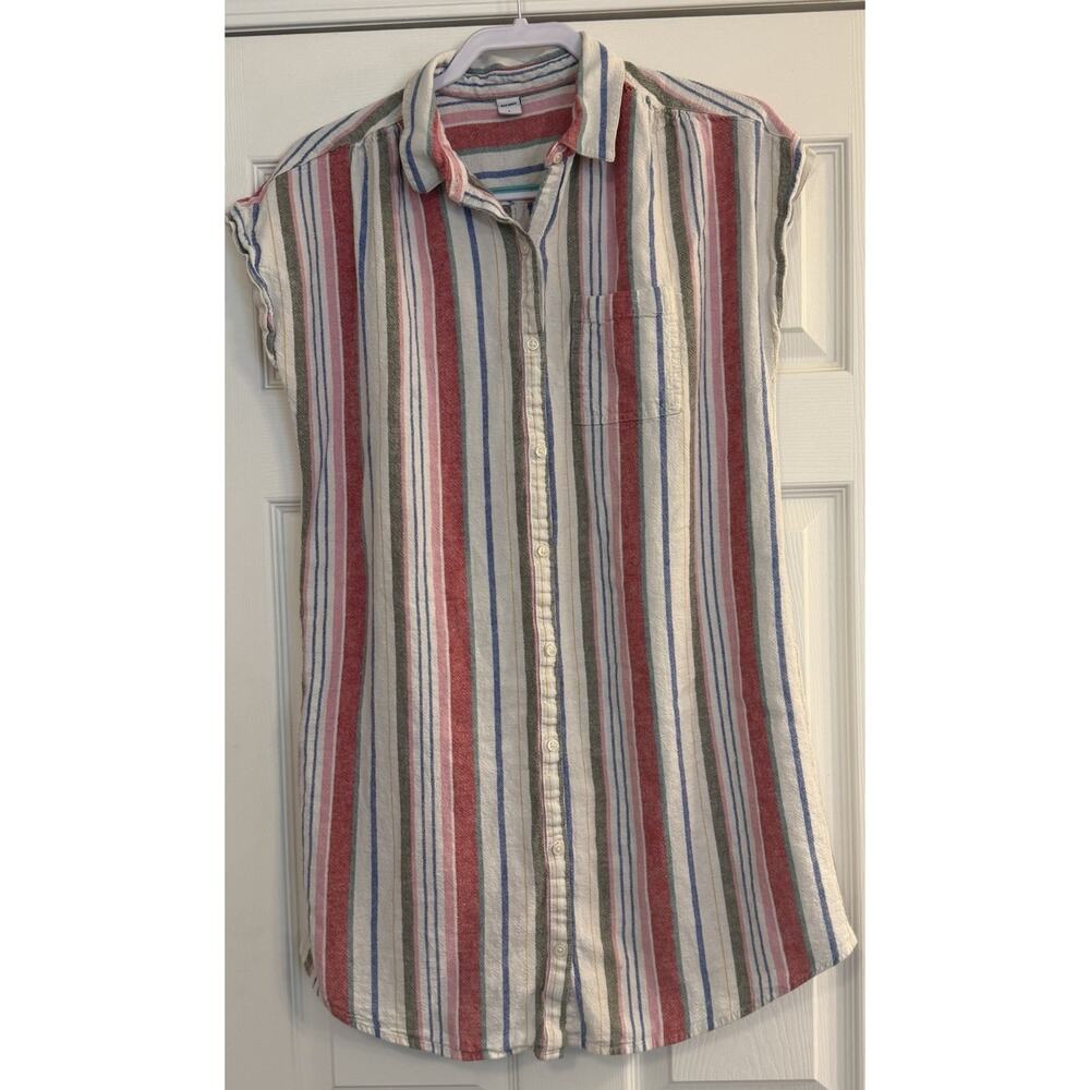 Old Navy Shirt Dress Sz‎ LG Linen Blend Striped Casual Lightweight Office Work